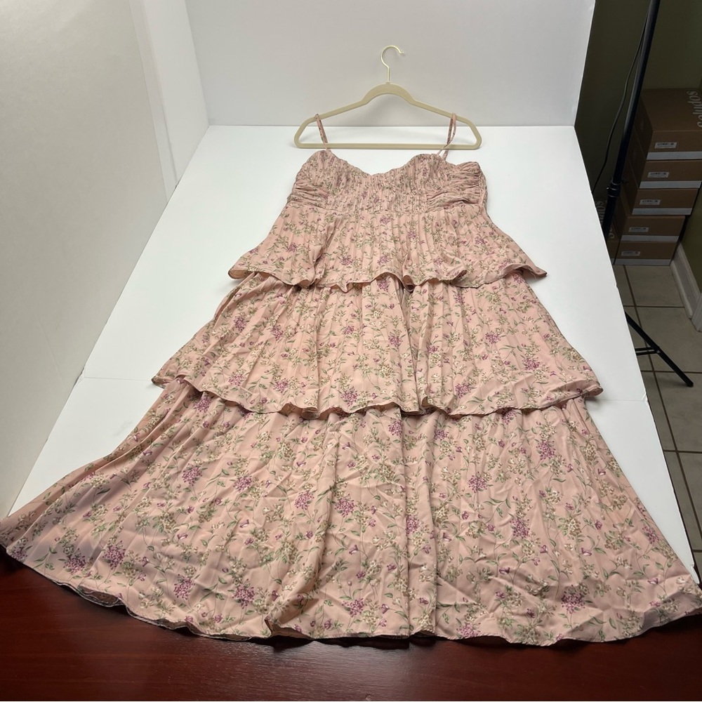 Lulus Pink Floral Bustier Corset‎ Pleated Tiered Chiffon Midi Dress XL *FLAWED - Picture 2 of 13